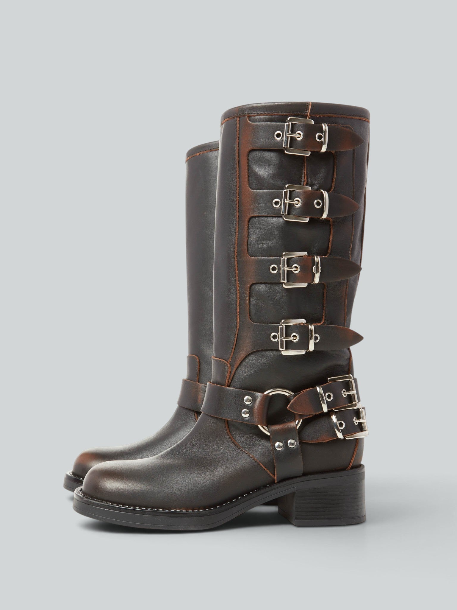 Ovyè Stivali con tacco Biker pelle fibbie marrone 38