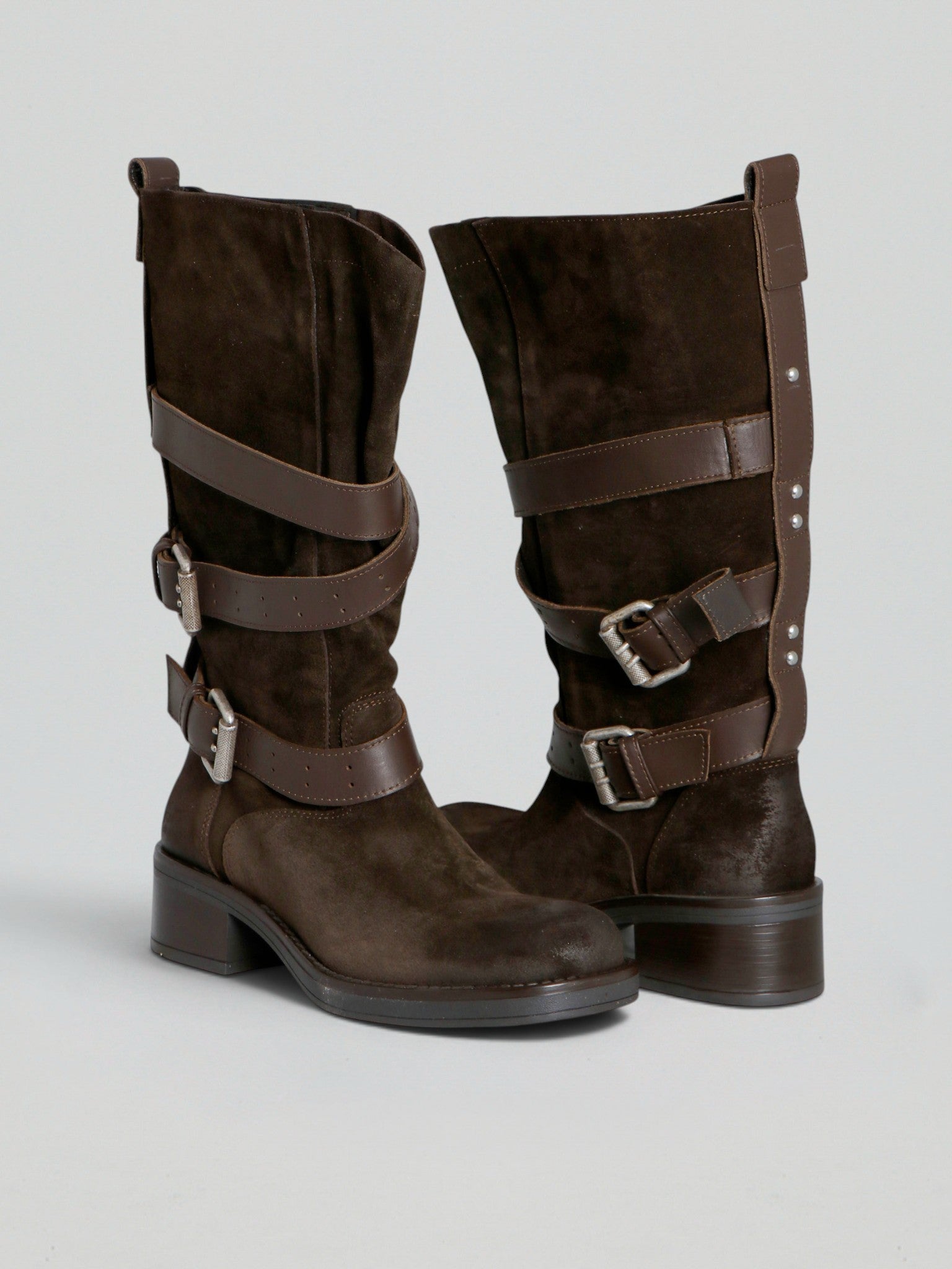 Ovyè Stivali camoscio stivali moro fibbie tacco 5 cm
