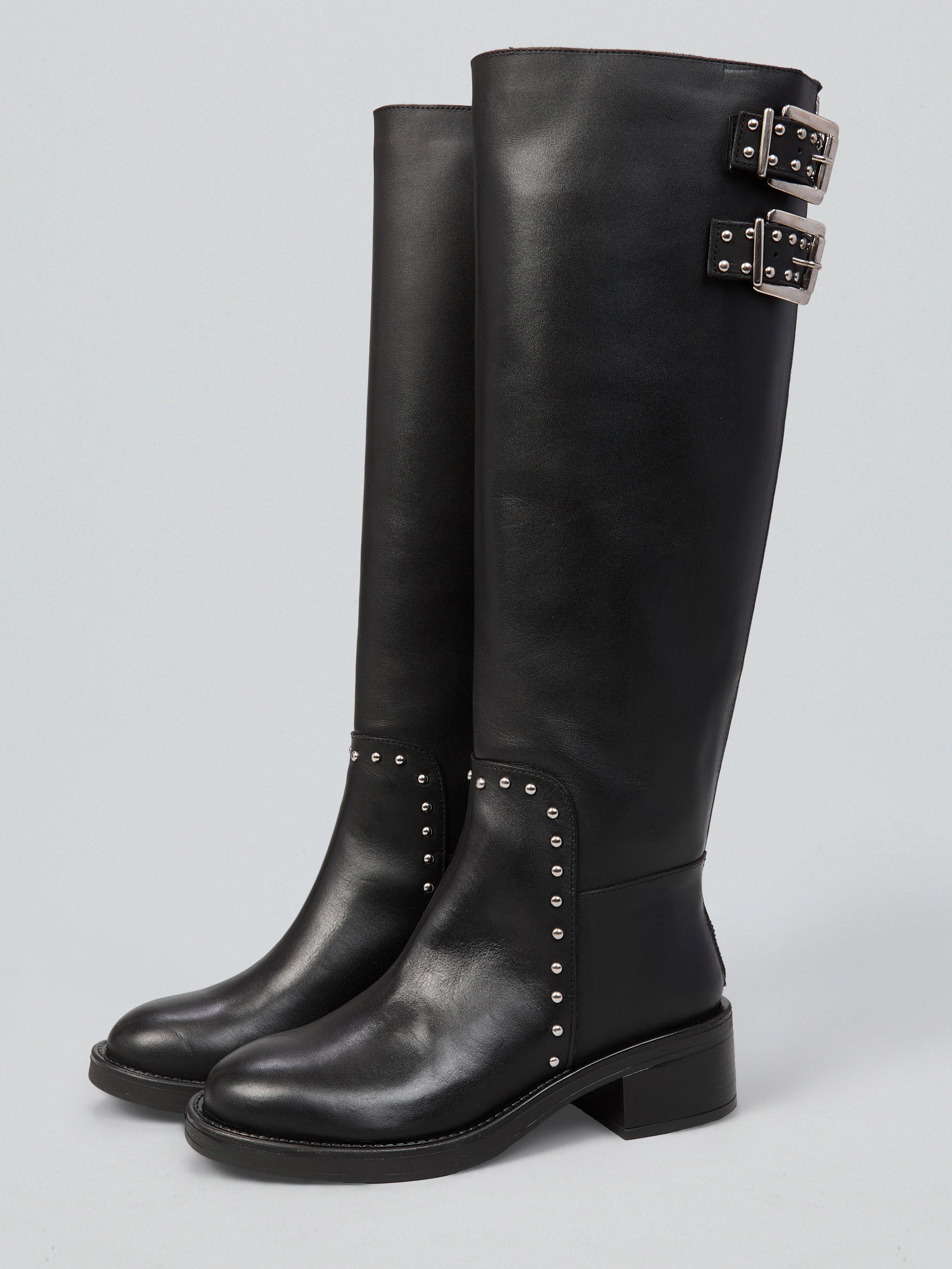 Ovyè Stivali in pelle con borchie e fibbie stivali nero tacco 5 cm