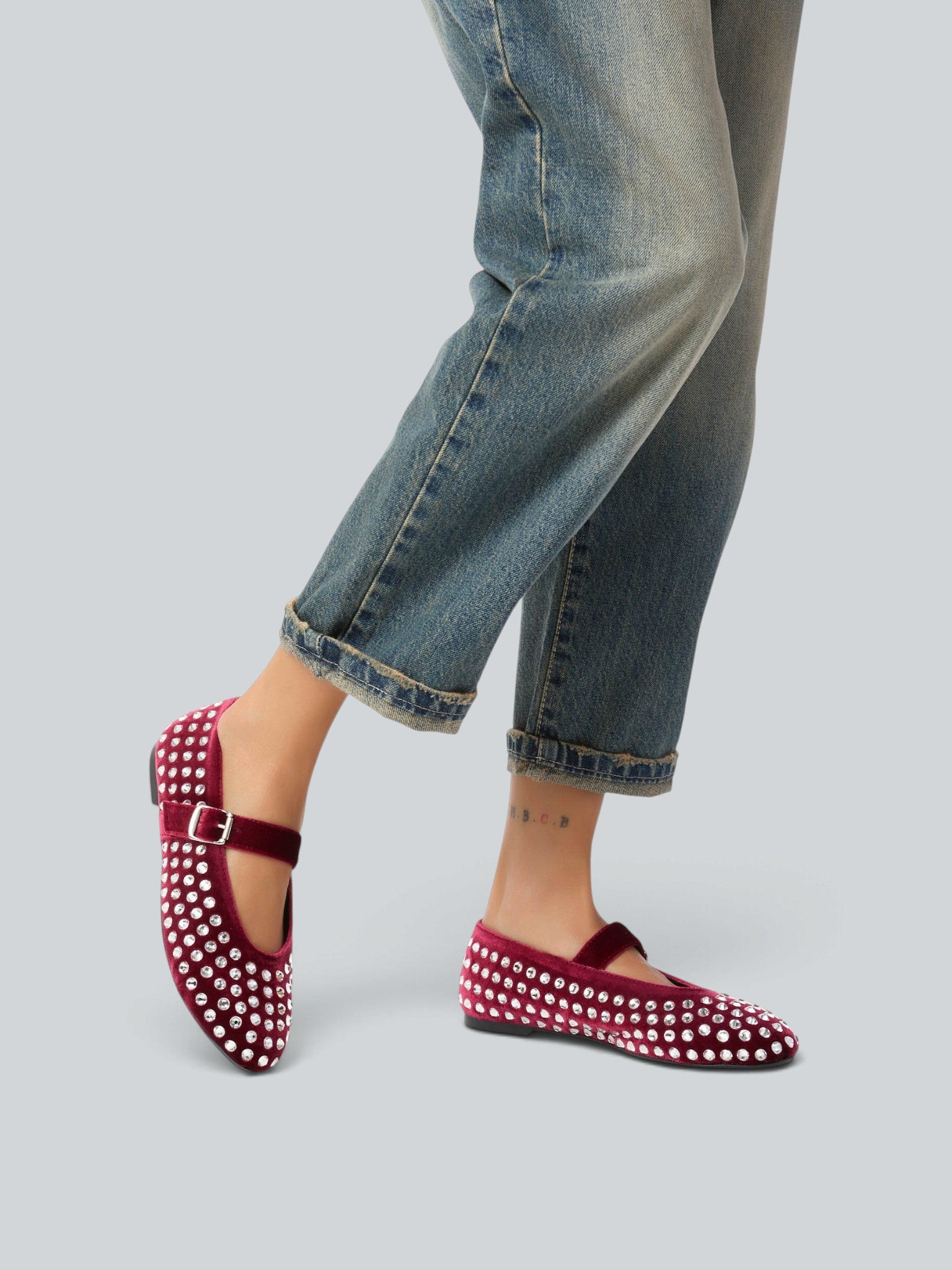 Ovyè Ballerine Mary Jane velluto bordeaux strass