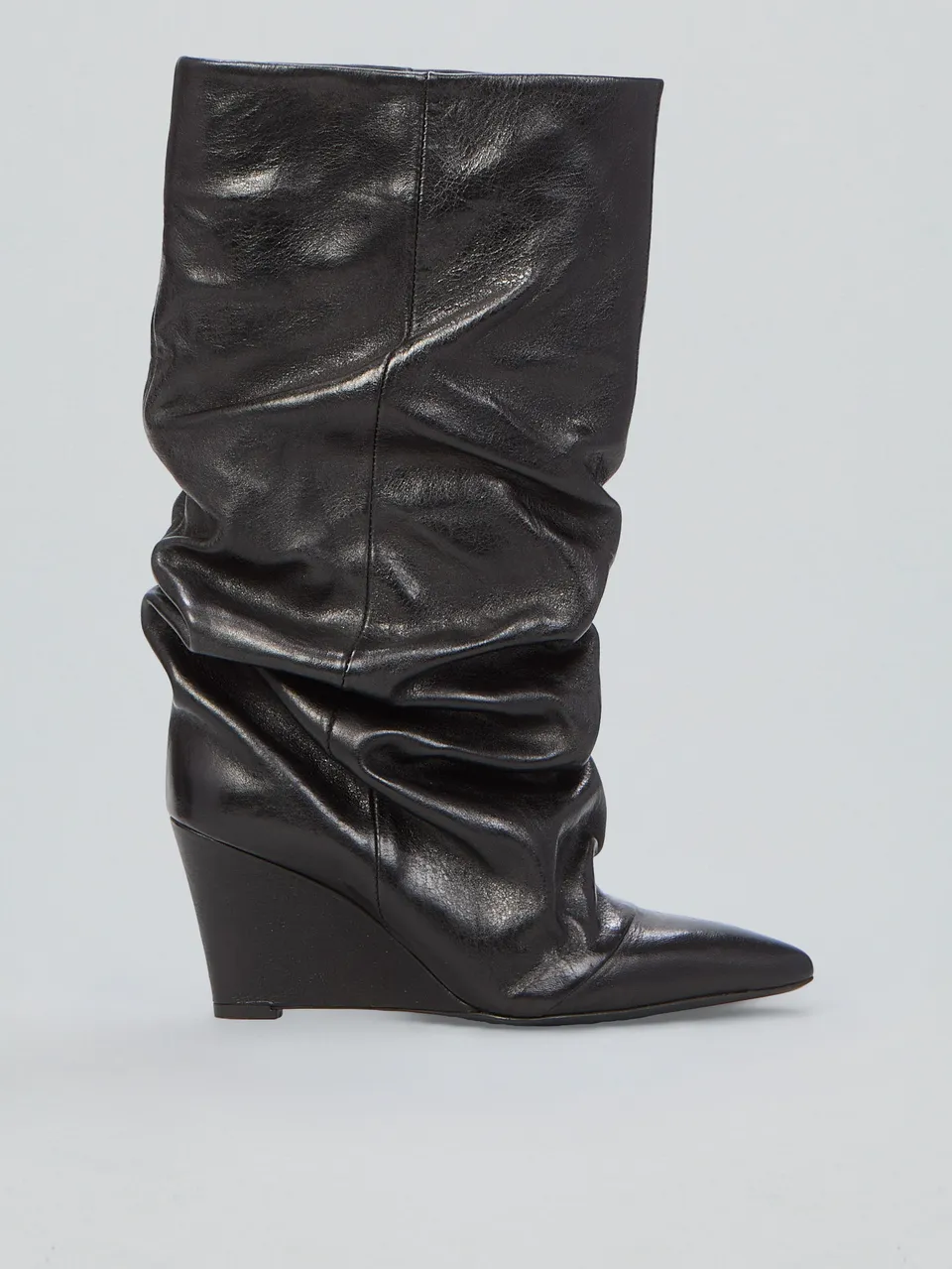 Ovyè Arricciati Stivali in Pelle Neri Zeppa 7cm 37