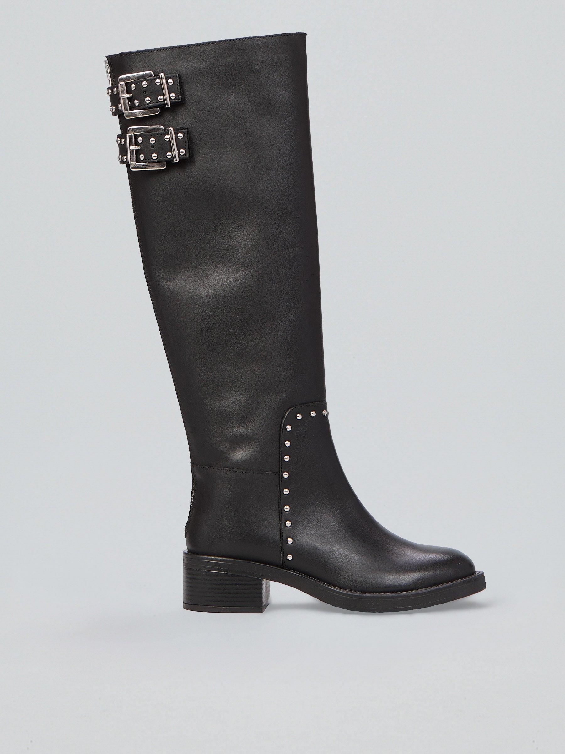 Ovyè Stivali in pelle con borchie e fibbie stivali nero tacco 5 cm