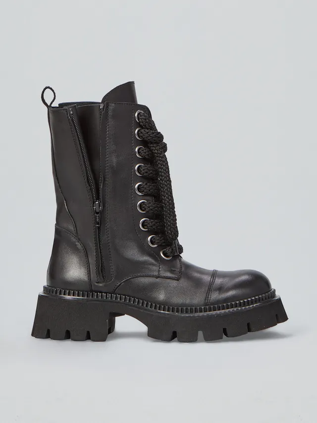 Ovyè Stivali anfibi pelle nero stringati tacco 5 cm