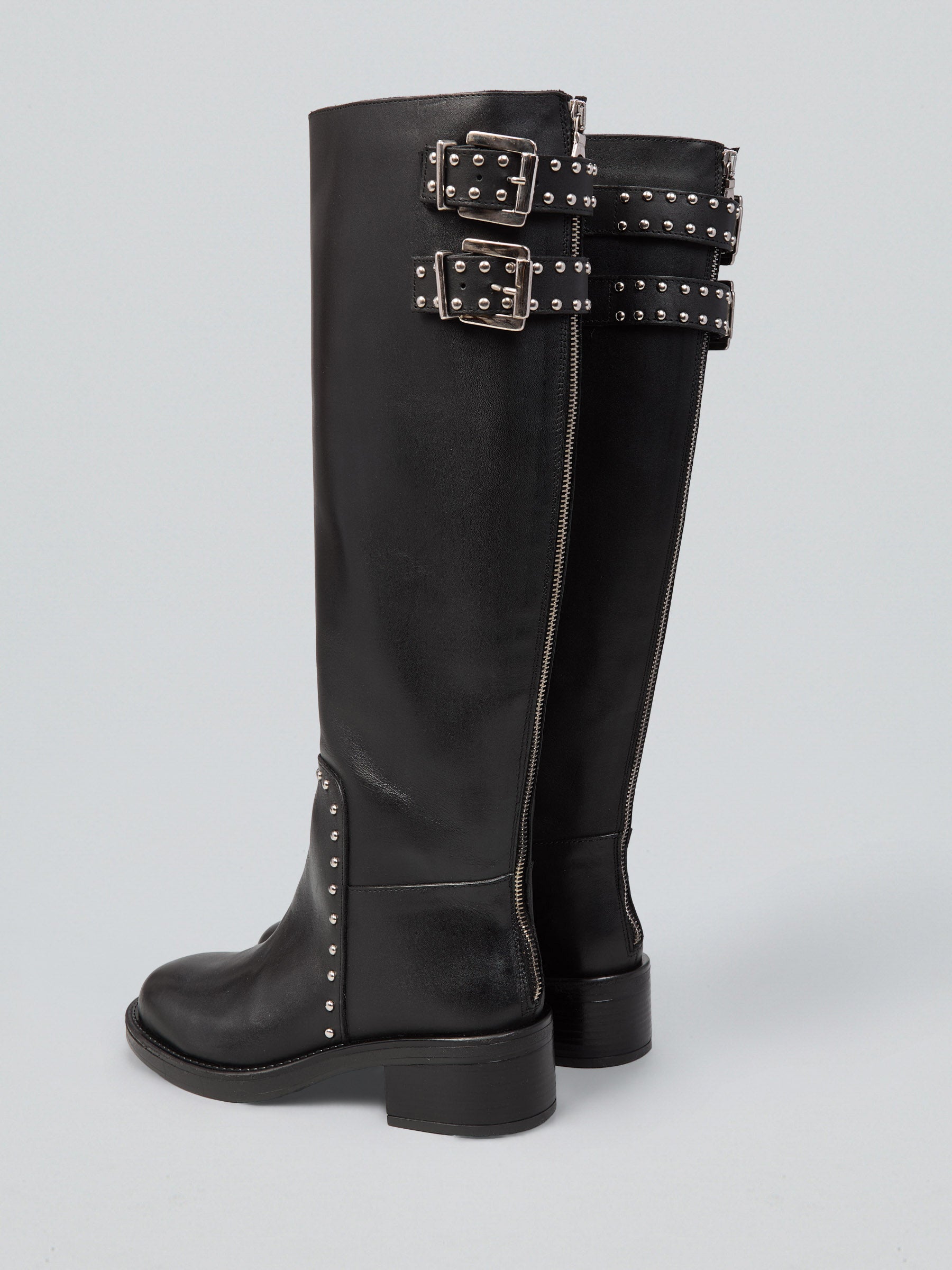 Ovyè Stivali in pelle con borchie e fibbie stivali nero tacco 5 cm