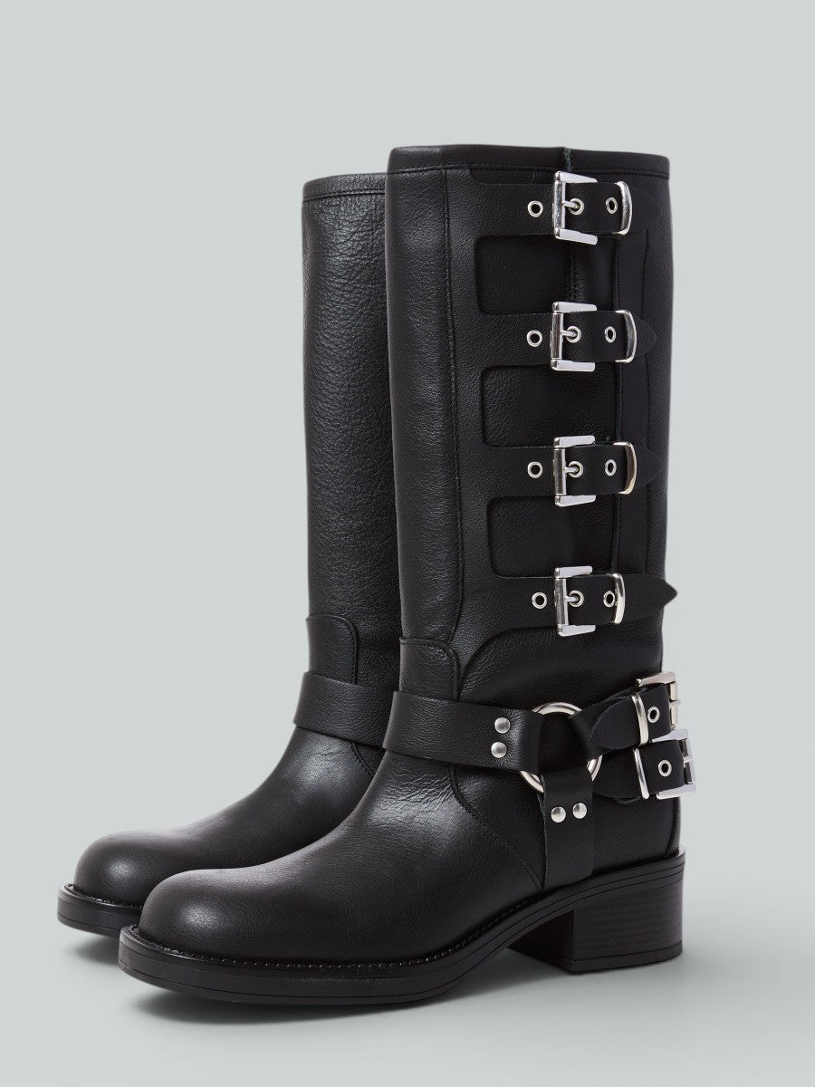 Ovyè Biker pelle neri fibbie tacco 5 cm