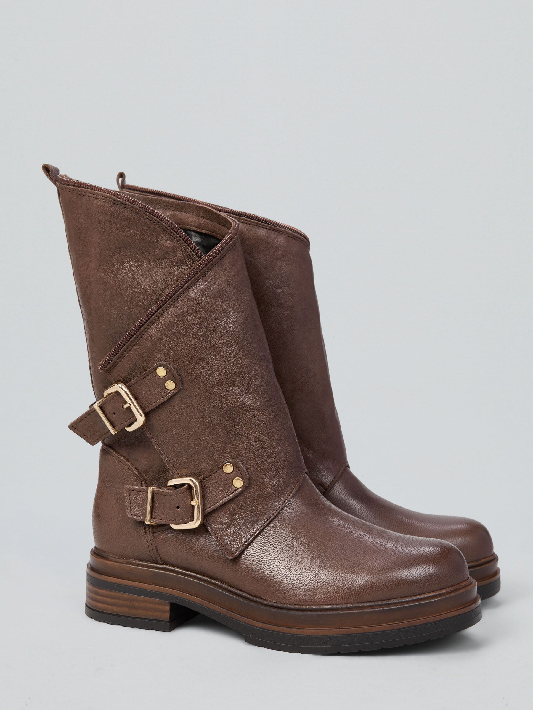 Ovyè Stivali pelle cioccolato zip fibbie tacco 3 cm