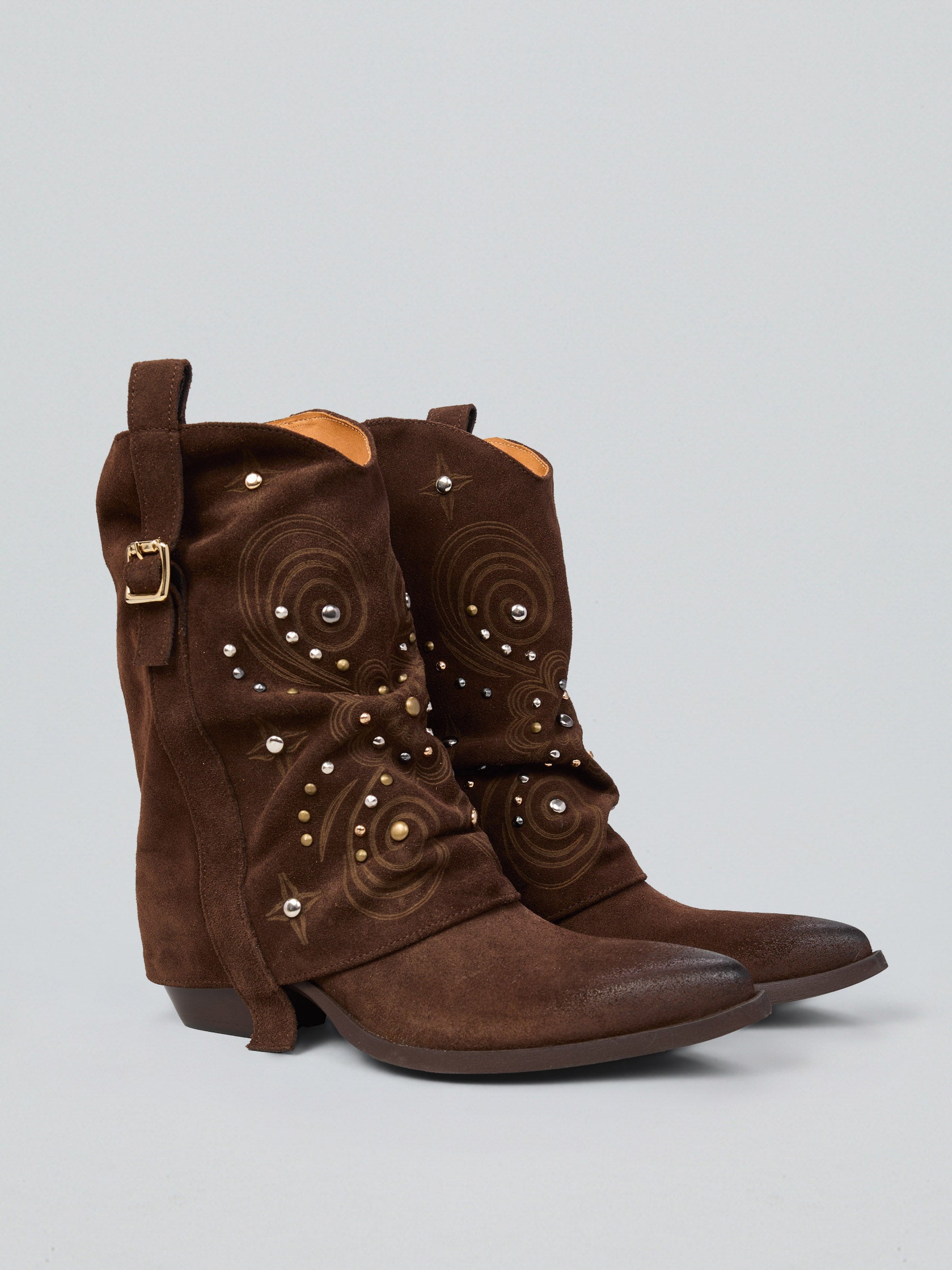 Ovyè Texani camoscio texani moro borchie tacco 6 cm