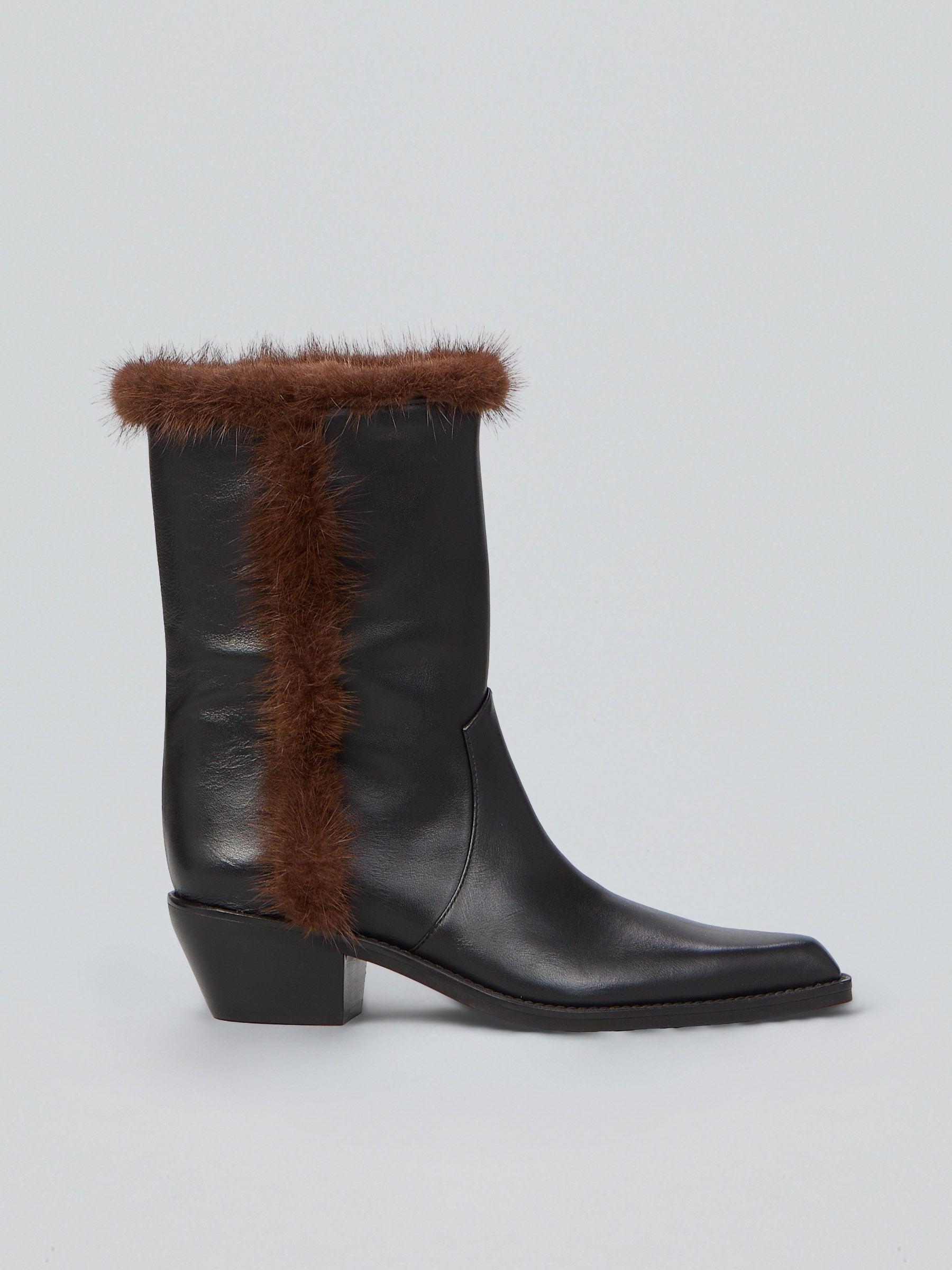 Ovyè Texani pelle inserti stivali nero-visone tacco 5 cm
