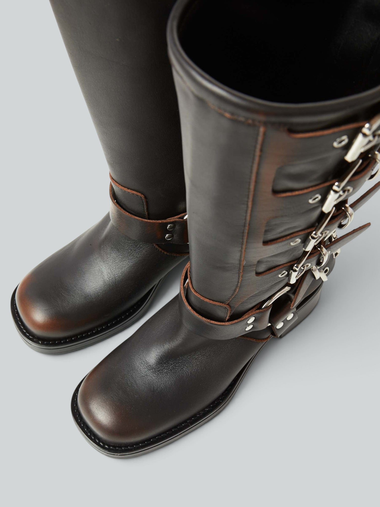 Ovyè Stivali con tacco Biker pelle fibbie marrone 38