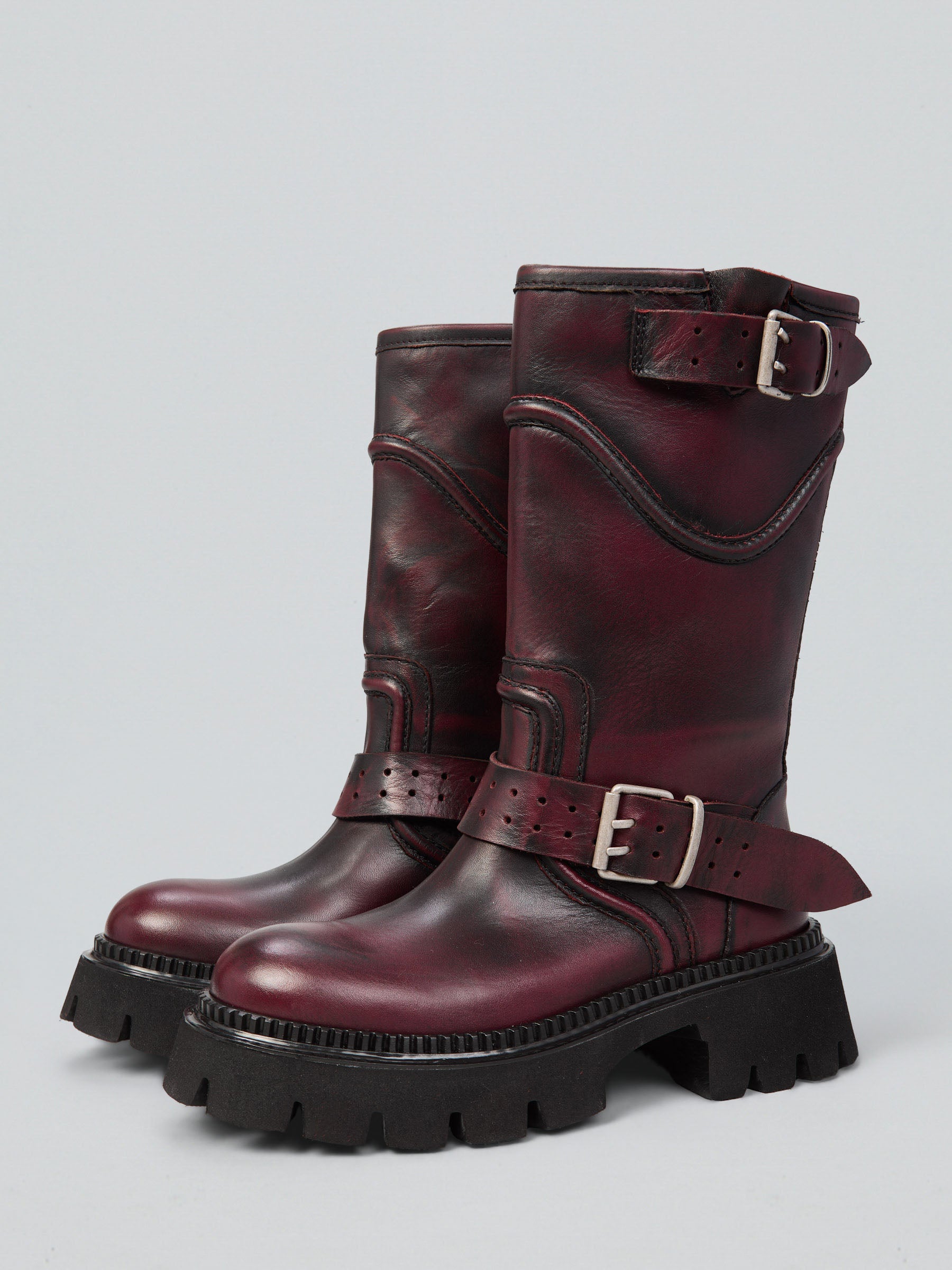 Ovyè Stivali con tacco biker pelle anfibi bordeaux tacco 5 cm