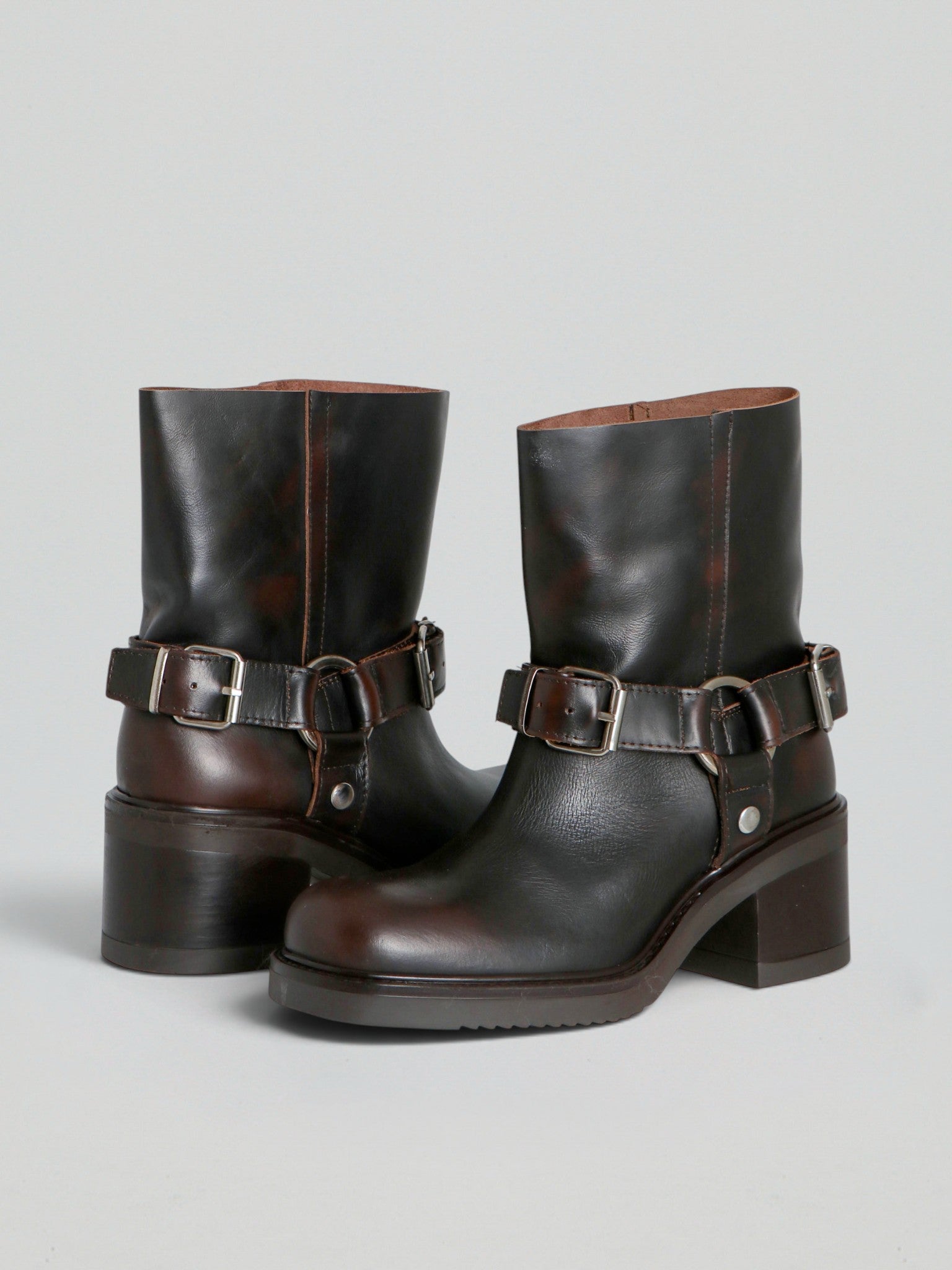 Ovyè Stivaletti pelle biker moro tacco 6 cm 38