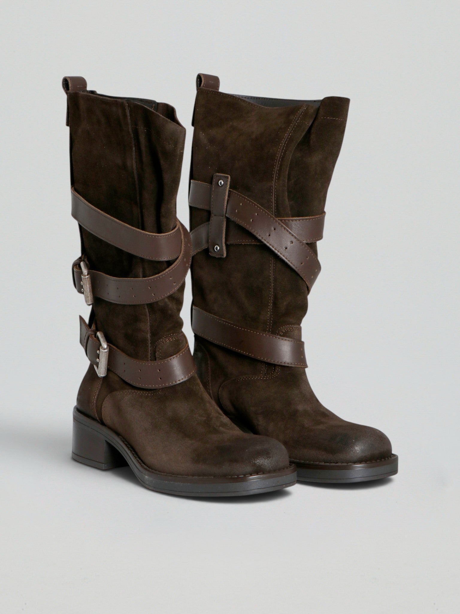 Ovyè Stivali camoscio stivali moro fibbie tacco 5 cm