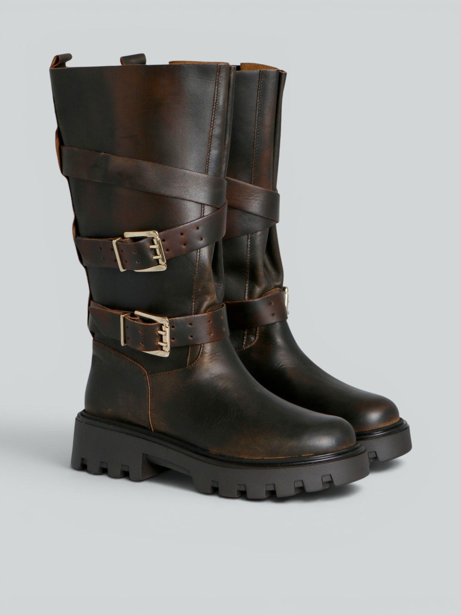 Ovyè Biker pelle anfibi moro fibbie tacco 5 cm