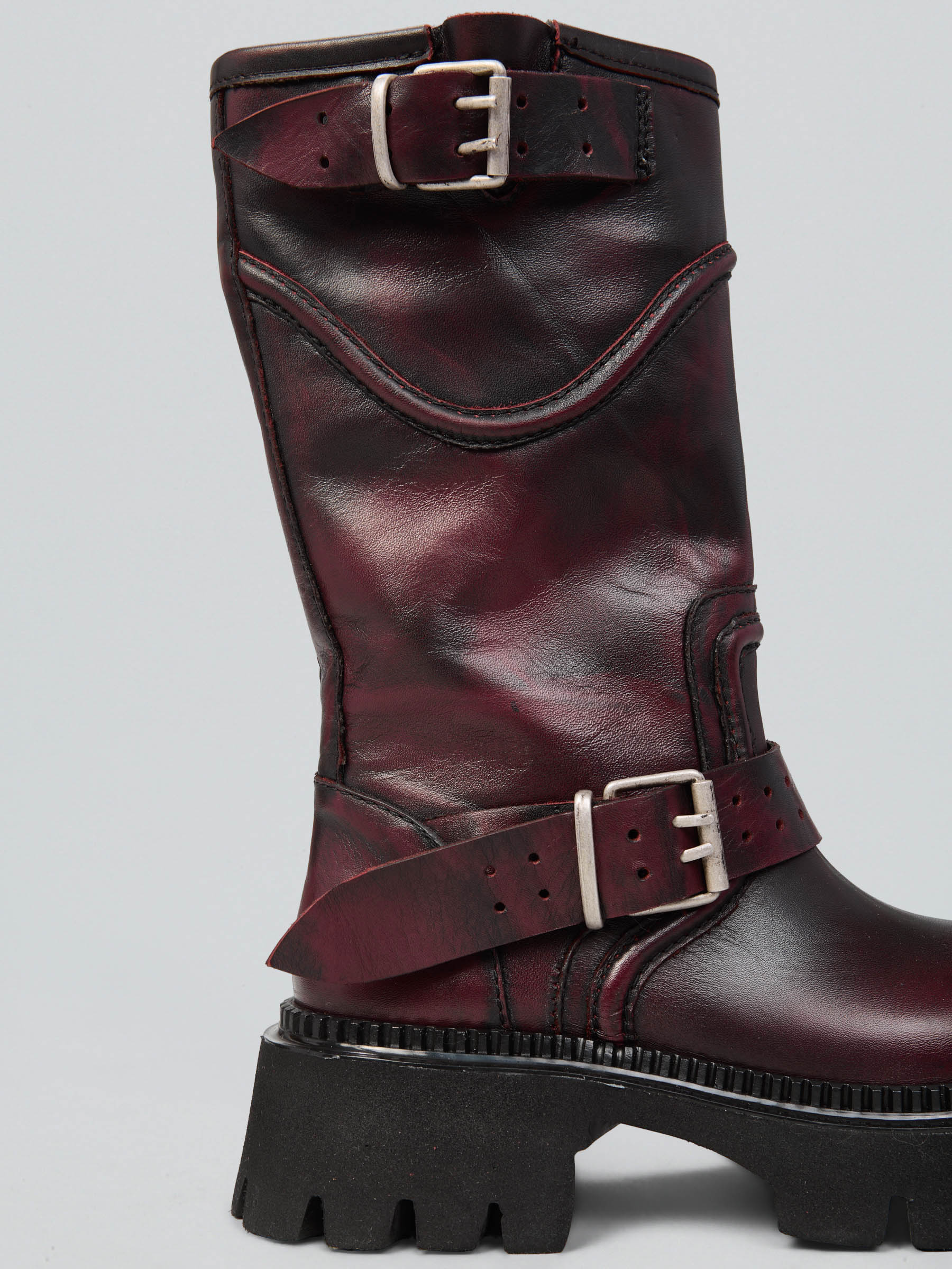 Ovyè Stivali con tacco biker pelle anfibi bordeaux tacco 5 cm