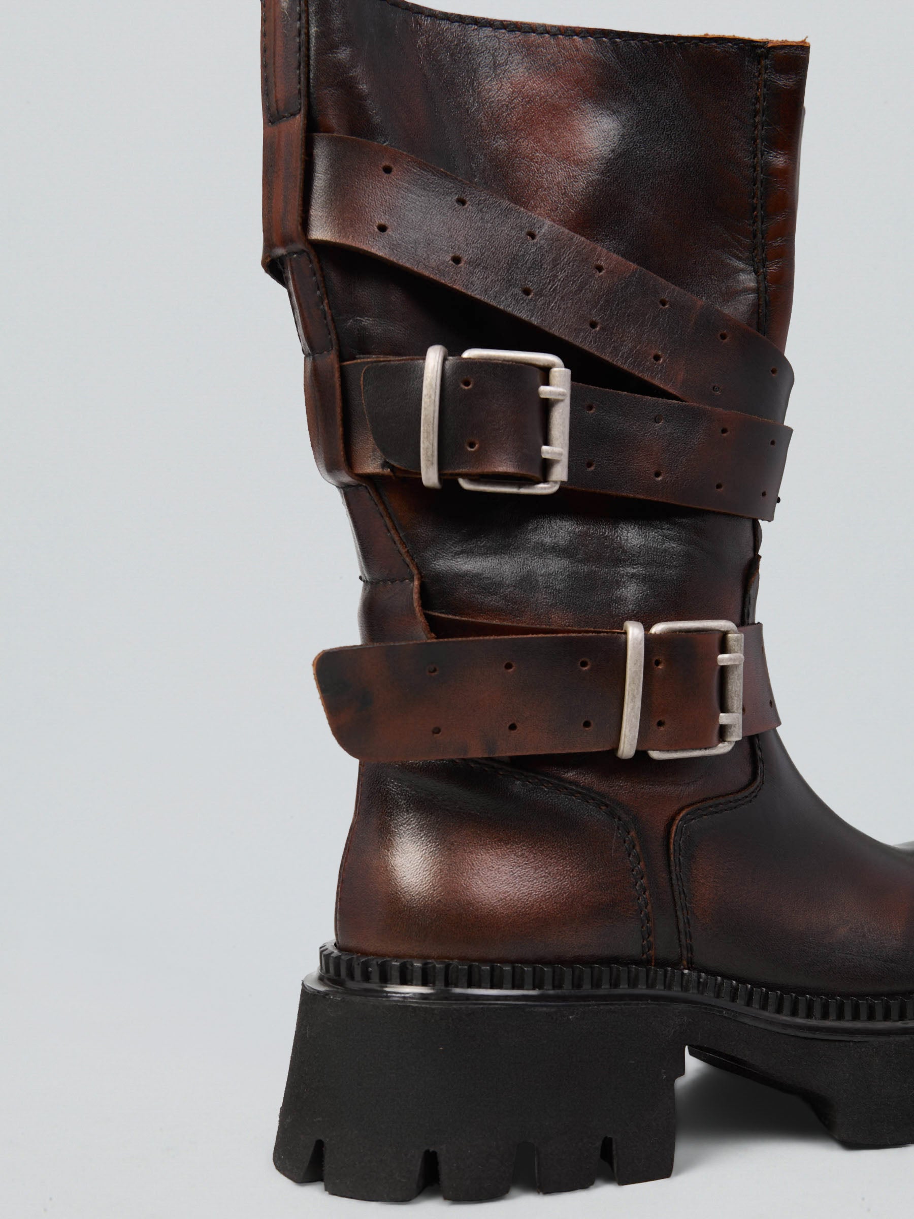 Ovyè Biker in pelle con fibbie anfibi cuoio tacco 5 cm