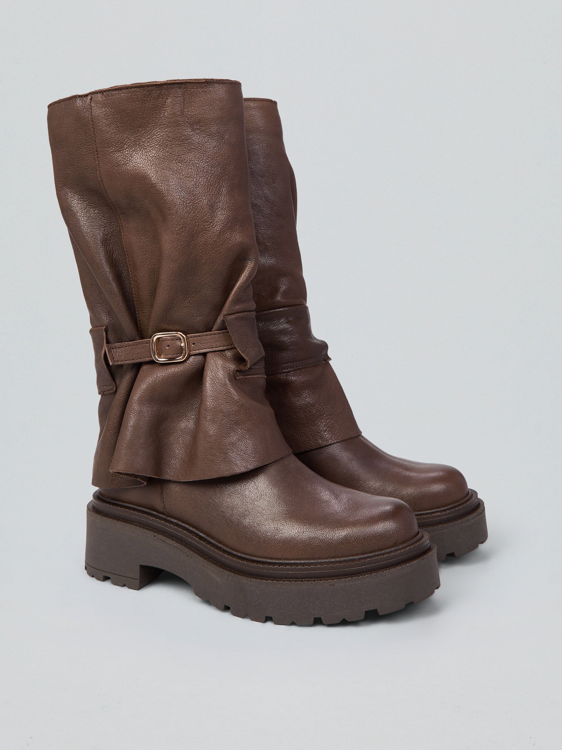 Ovyè Stivali pelle stivali cioccolato fibbia tacco 5 cm