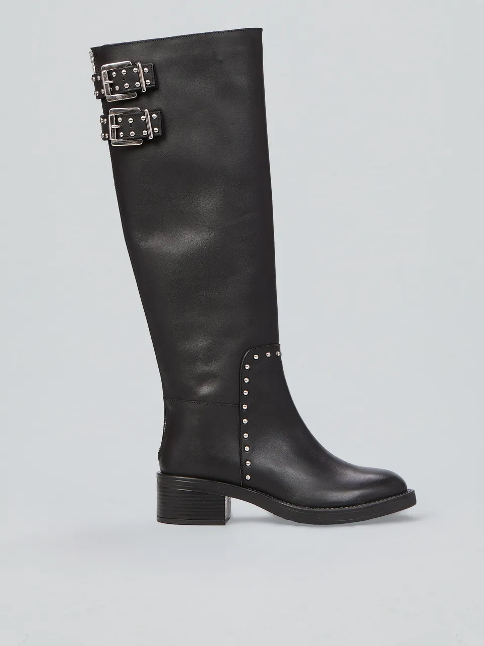Ovyè Stivali in pelle con borchie e fibbie stivali nero tacco 5 cm