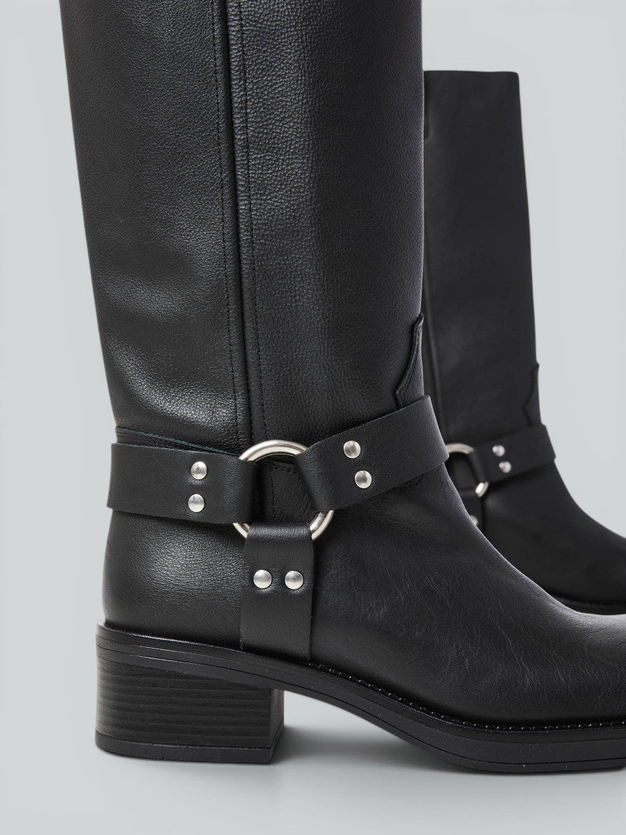 Ovye Stivali con tacco Biker pelle neri polpaccio
