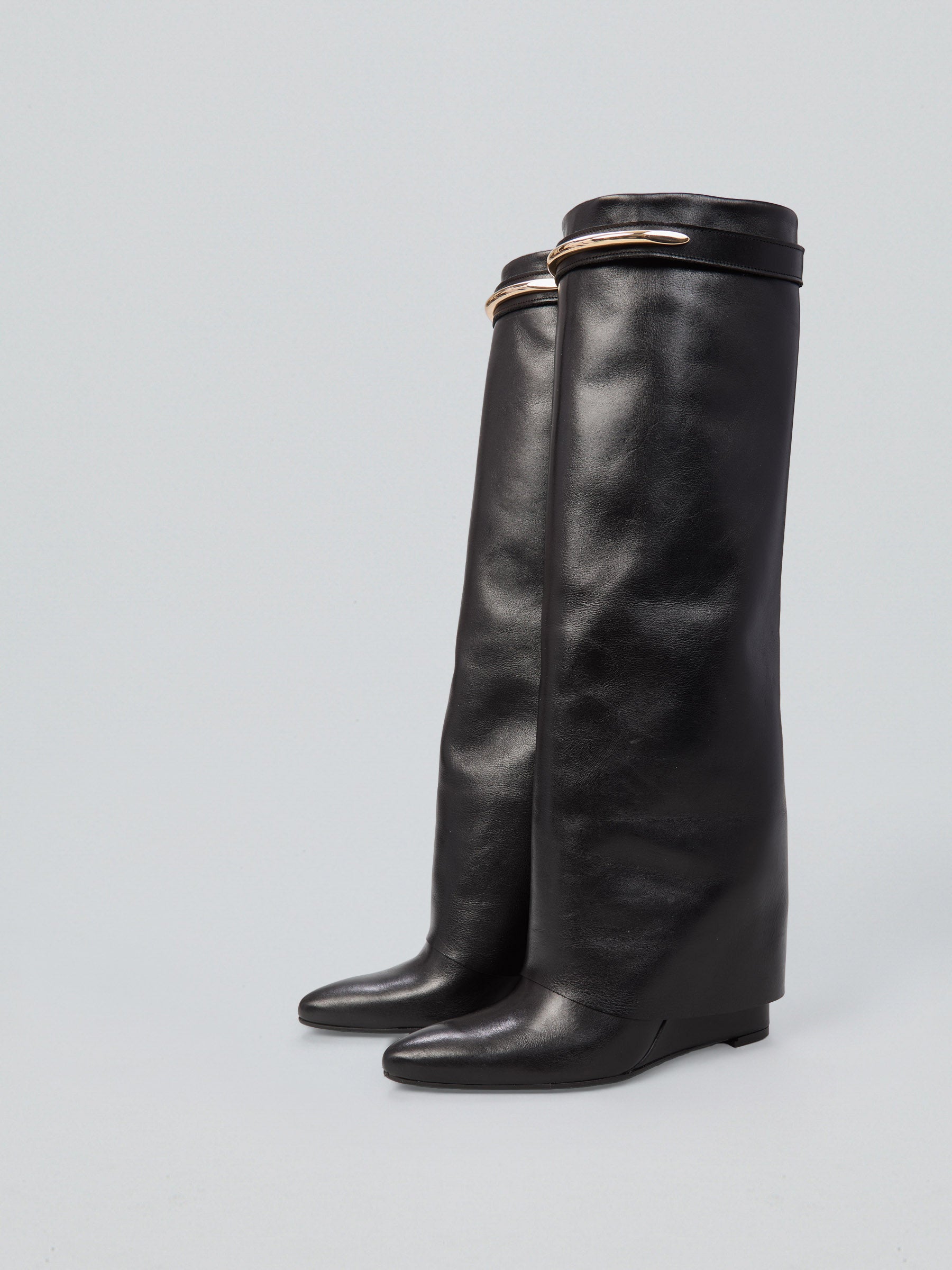 Ovyè Stivali in Pelle Neri Zeppa 9cm Dettaglio Oro 38