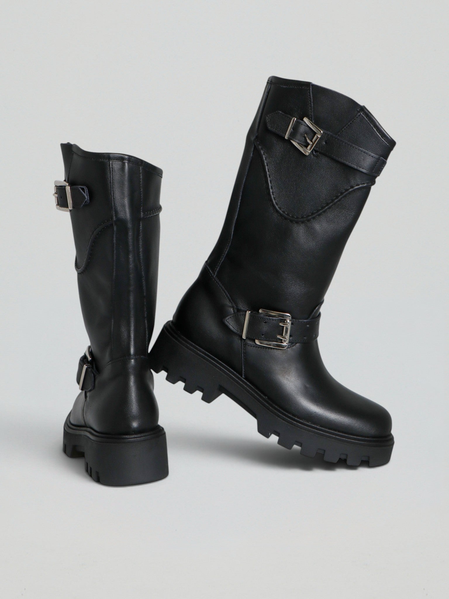 Ovyè Stivali biker pelle nero anfibi tacco 5 cm