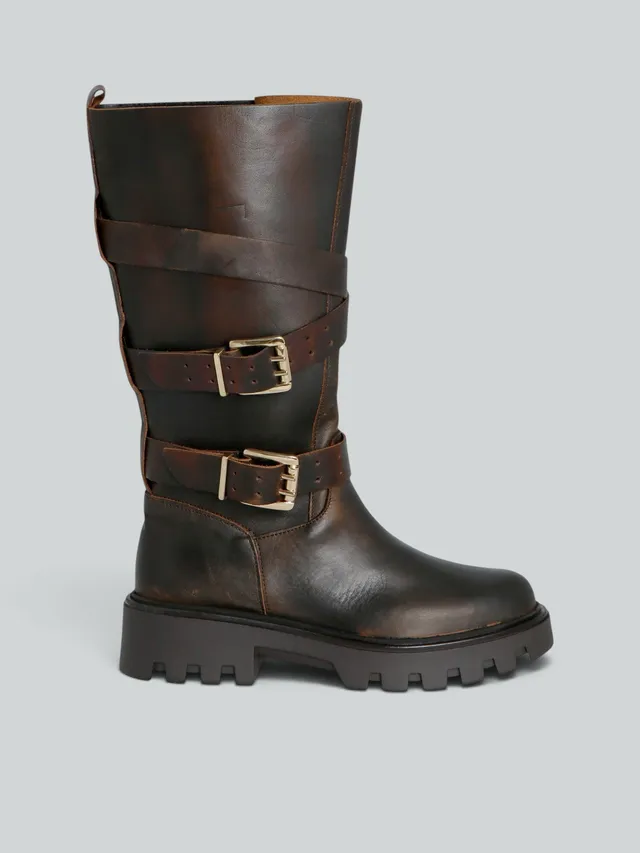 Ovyè Biker pelle anfibi moro fibbie tacco 5 cm