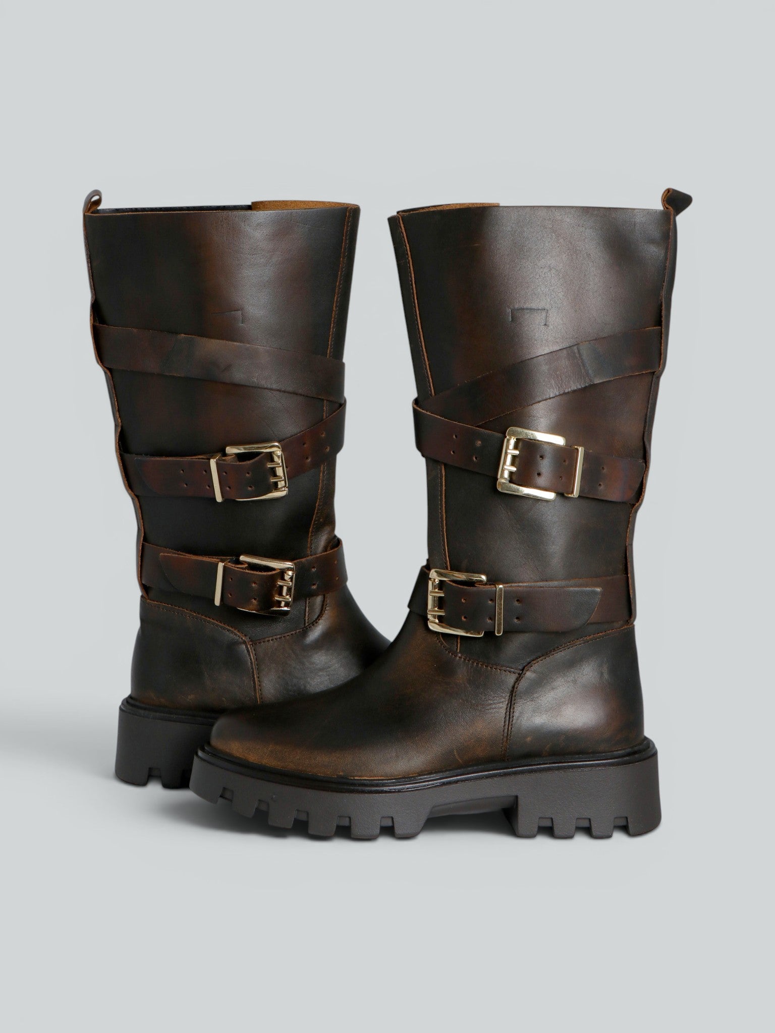 Ovyè Biker pelle anfibi moro fibbie tacco 5 cm