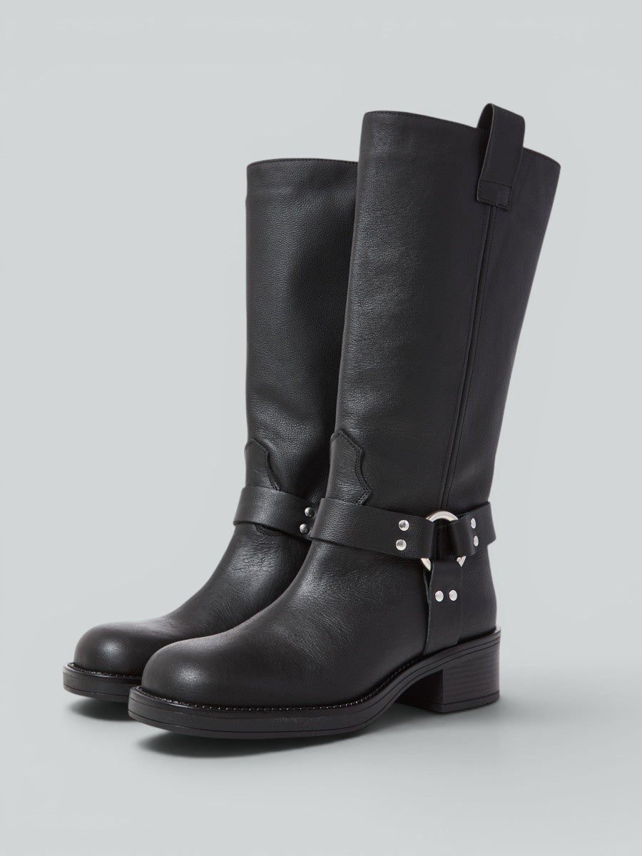Ovye Stivali con tacco Biker pelle neri polpaccio