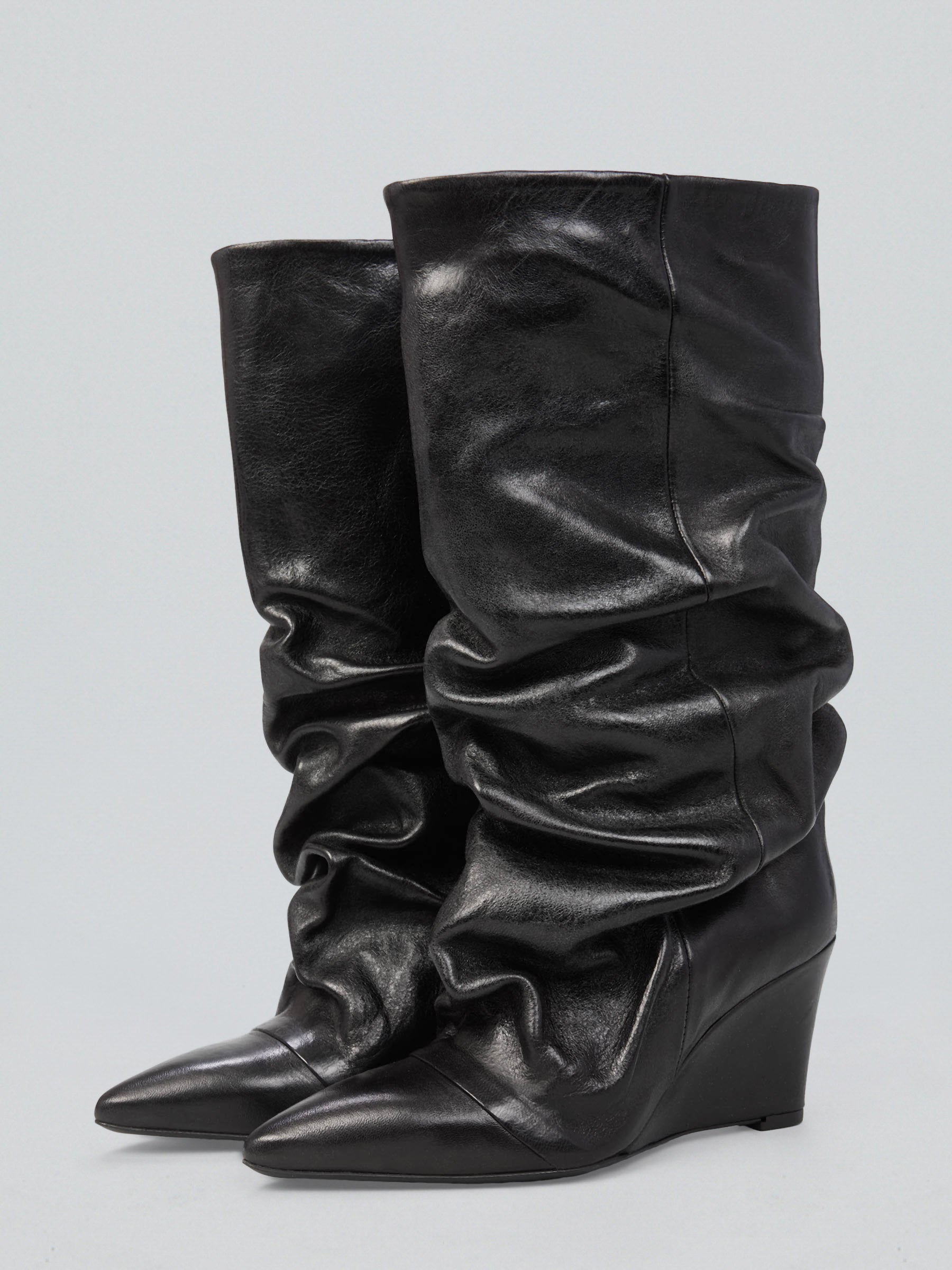 Ovyè Arricciati Stivali in Pelle Neri Zeppa 7cm 37