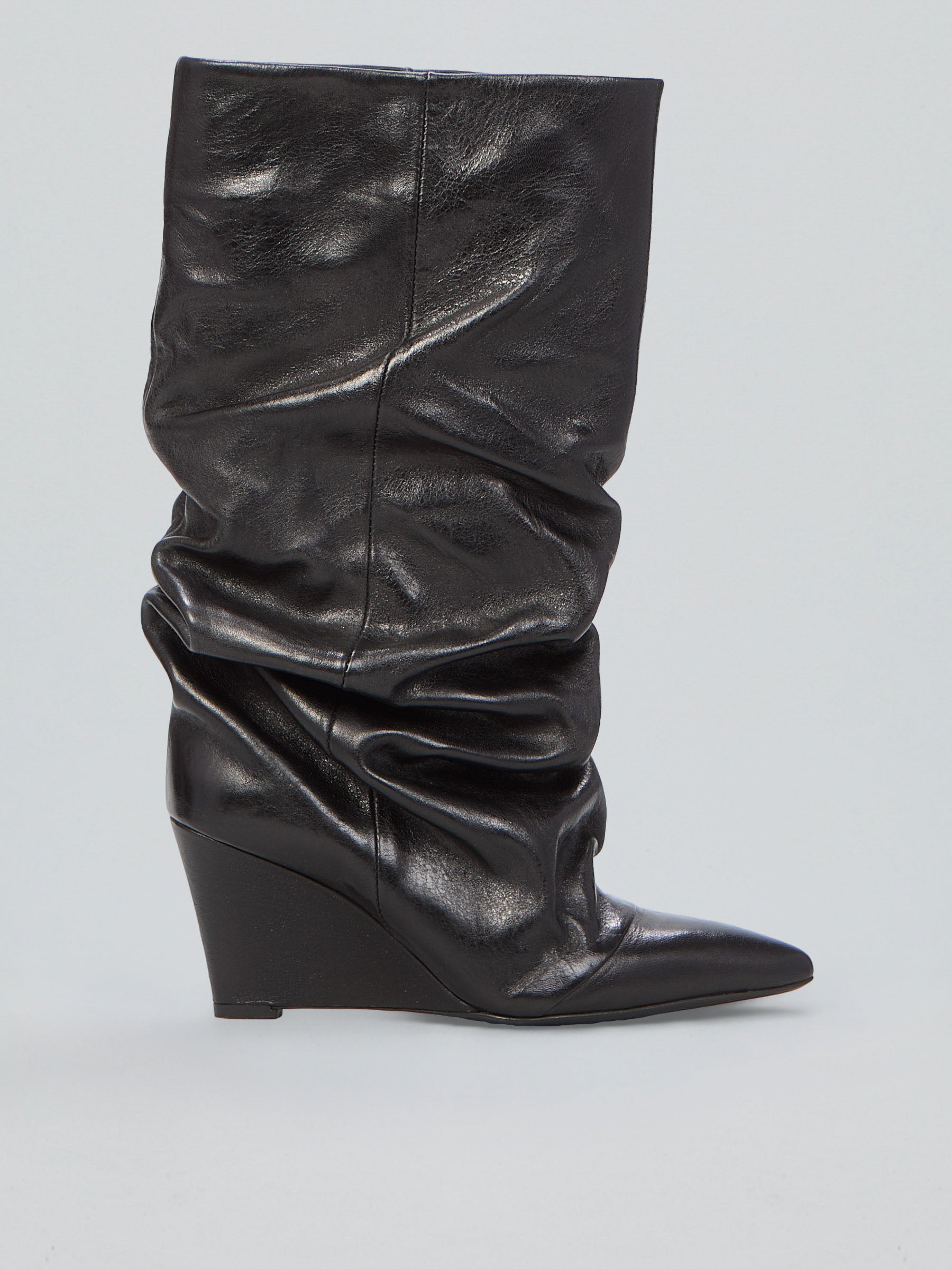 Ovyè Arricciati Stivali in Pelle Neri Zeppa 7cm 37