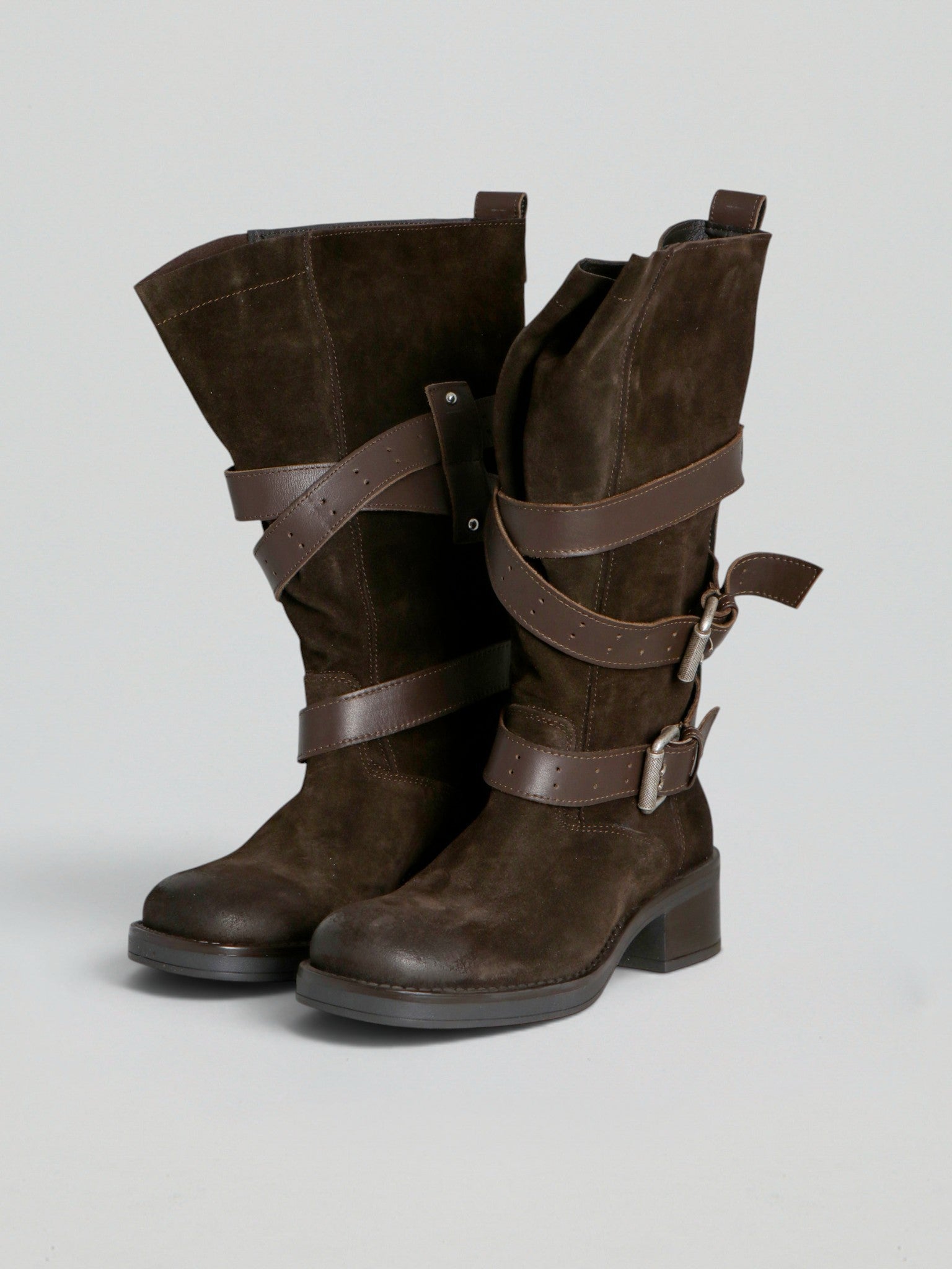 Ovyè Stivali camoscio stivali moro fibbie tacco 5 cm