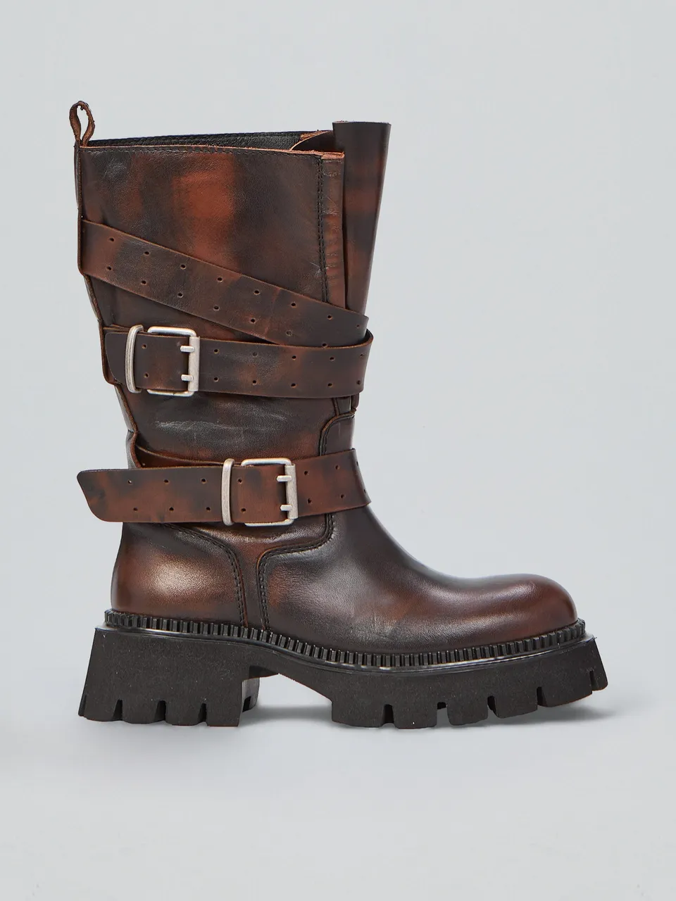 Ovyè Biker in pelle con fibbie anfibi cuoio tacco 5 cm