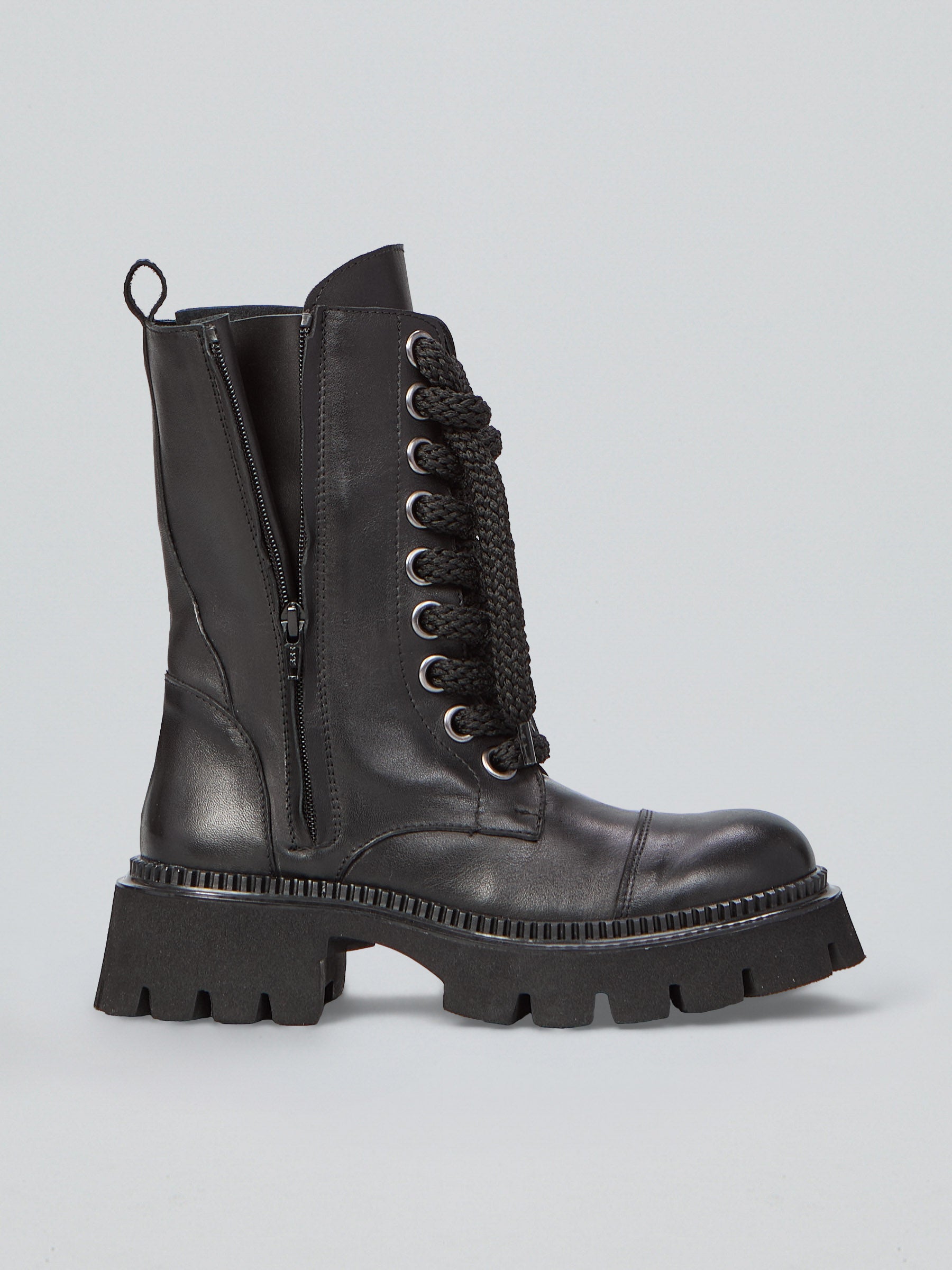Ovyè Stivali anfibi pelle nero stringati tacco 5 cm
