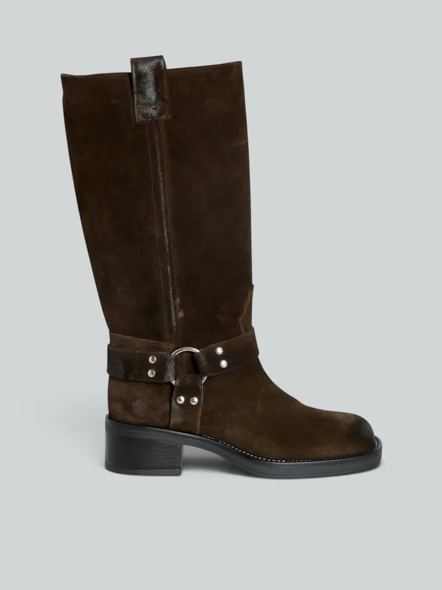 Ovyè Biker in camoscio anfibi cioccolato tacco 4 cm fibbia
