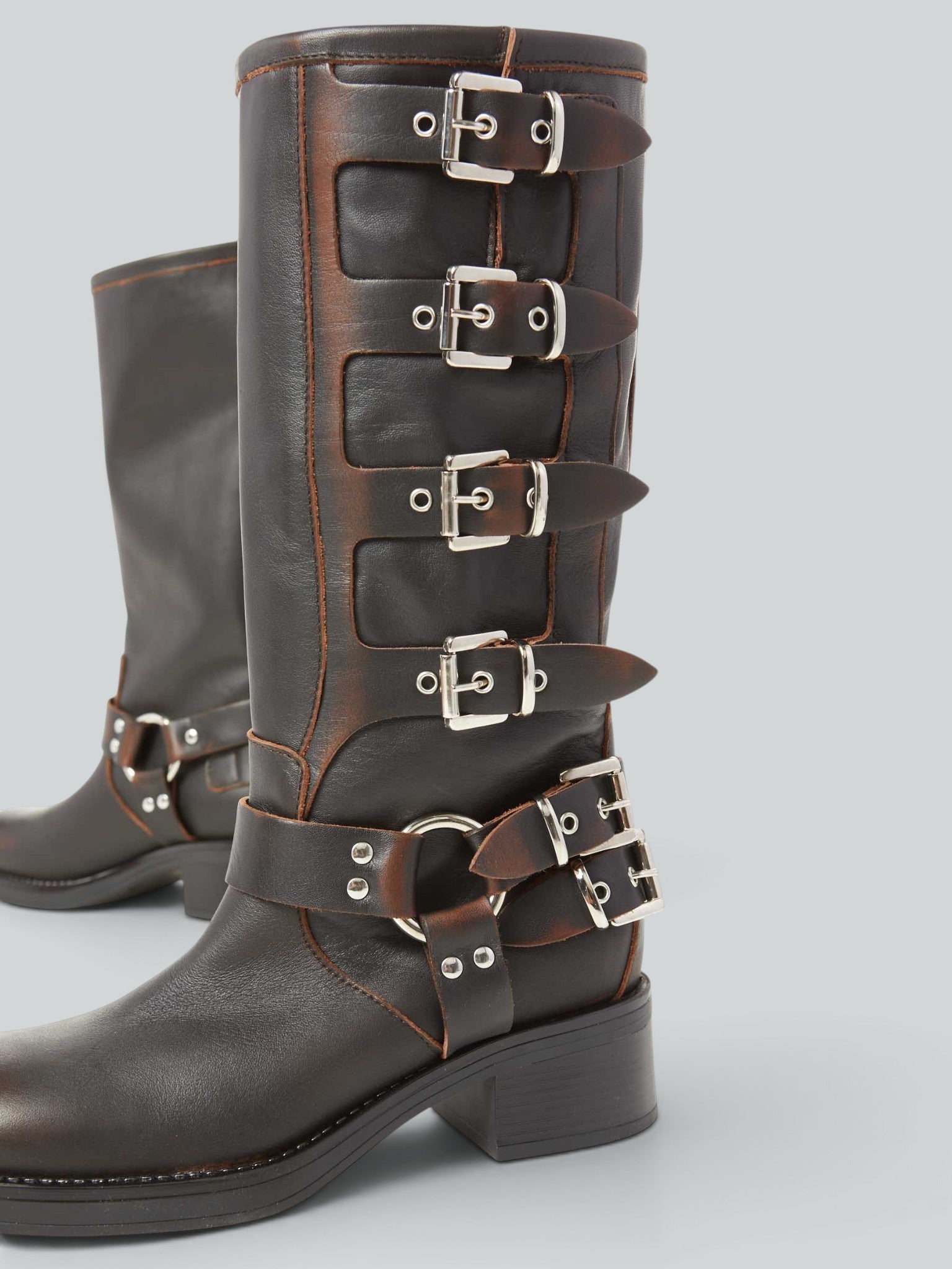 Ovyè Stivali con tacco Biker pelle fibbie marrone 38