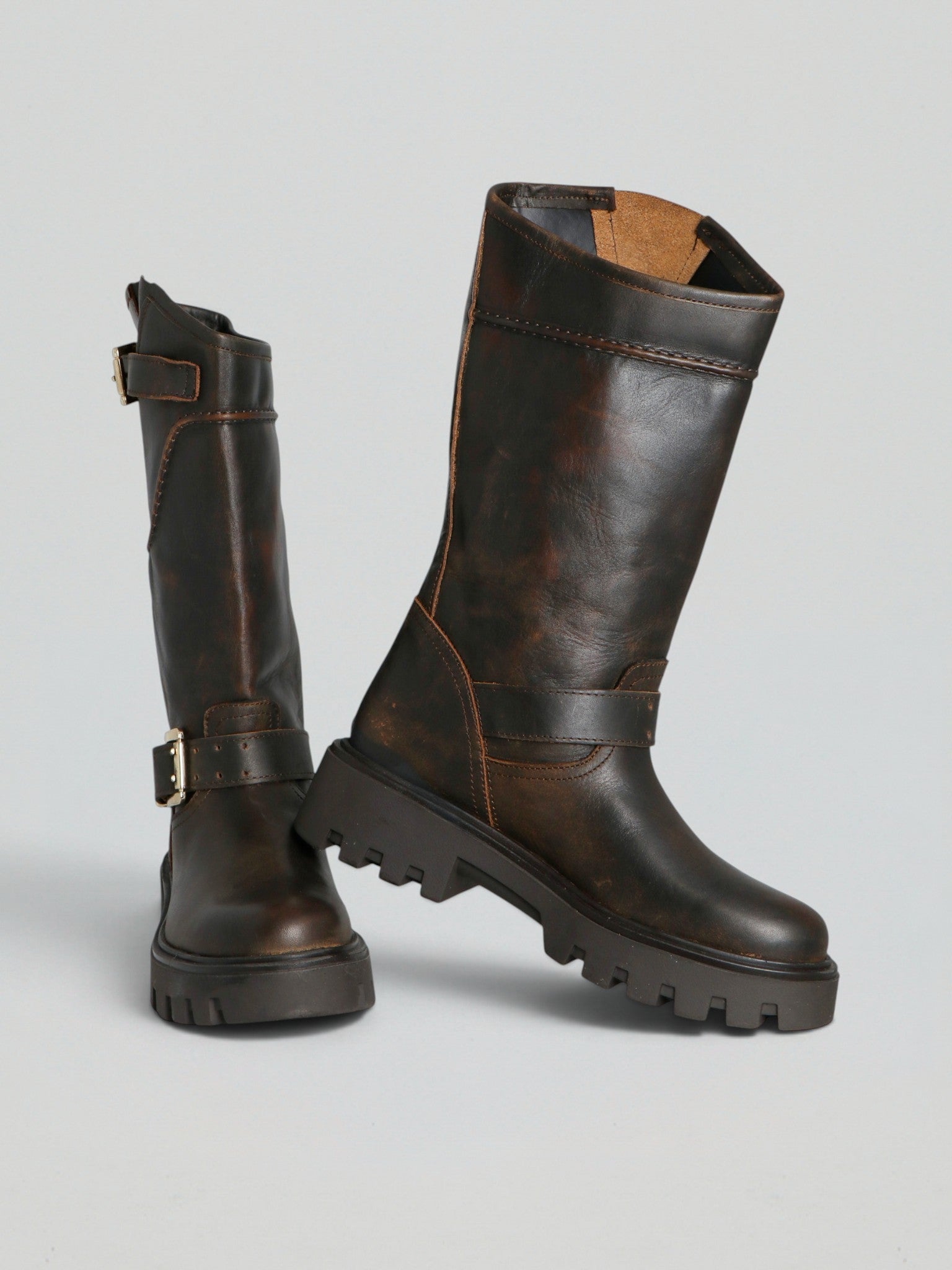 Ovyè Stivali con tacco Biker in pelle moro tacco 5 cm
