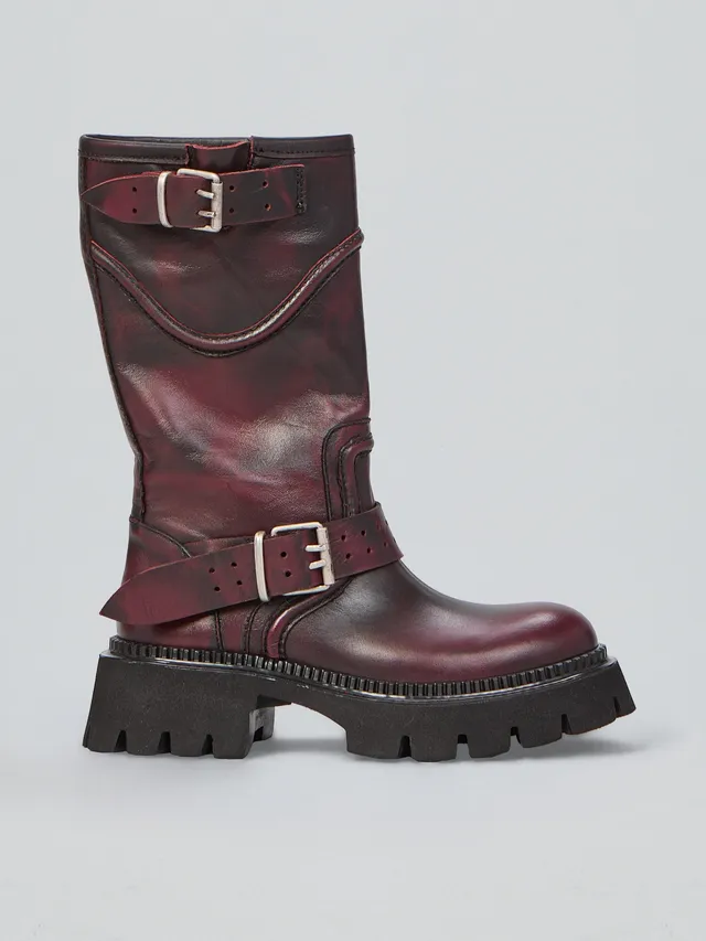 Ovyè Stivali con tacco biker pelle anfibi bordeaux tacco 5 cm