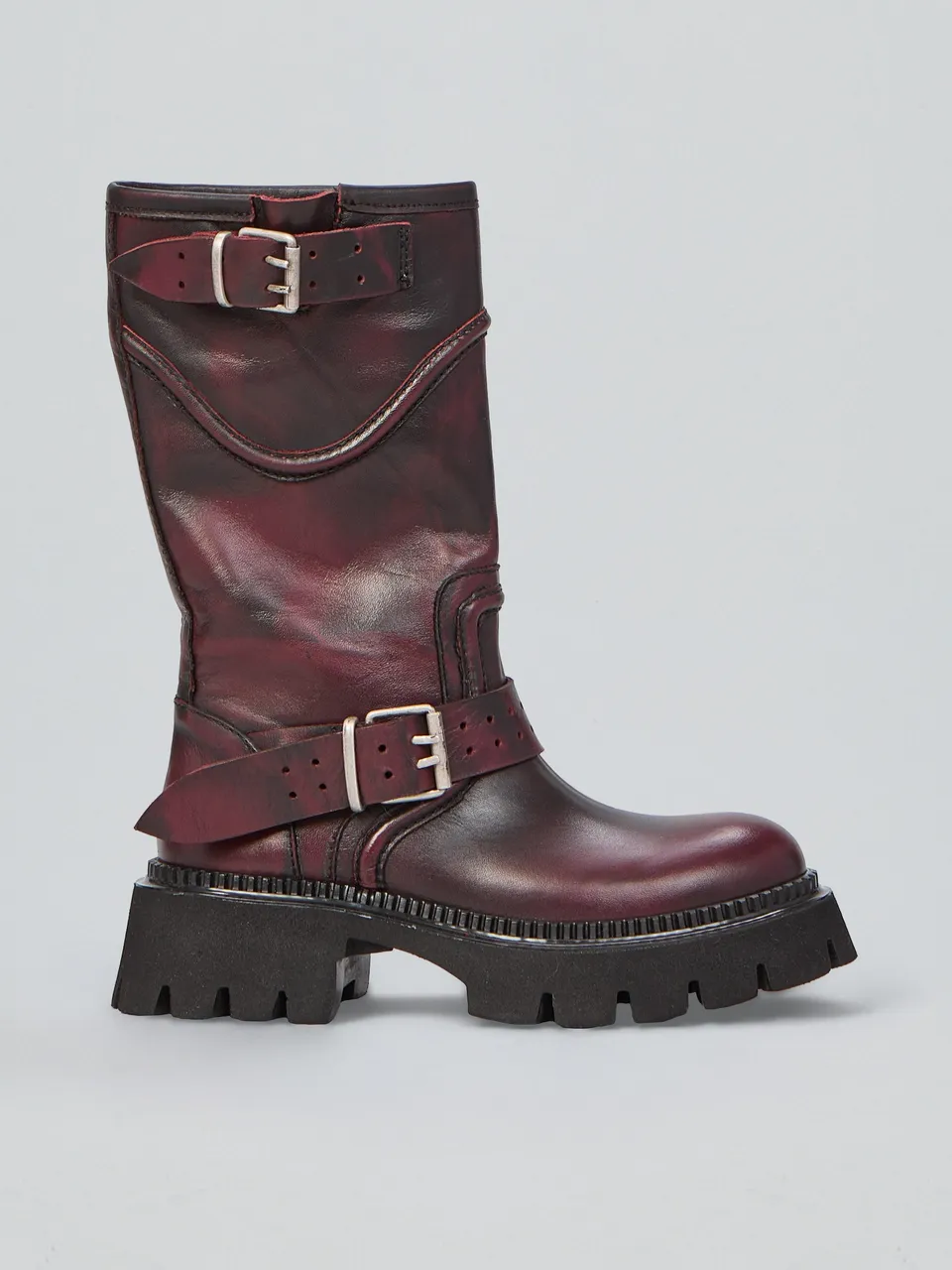 Ovyè Stivali con tacco biker pelle anfibi bordeaux tacco 5 cm
