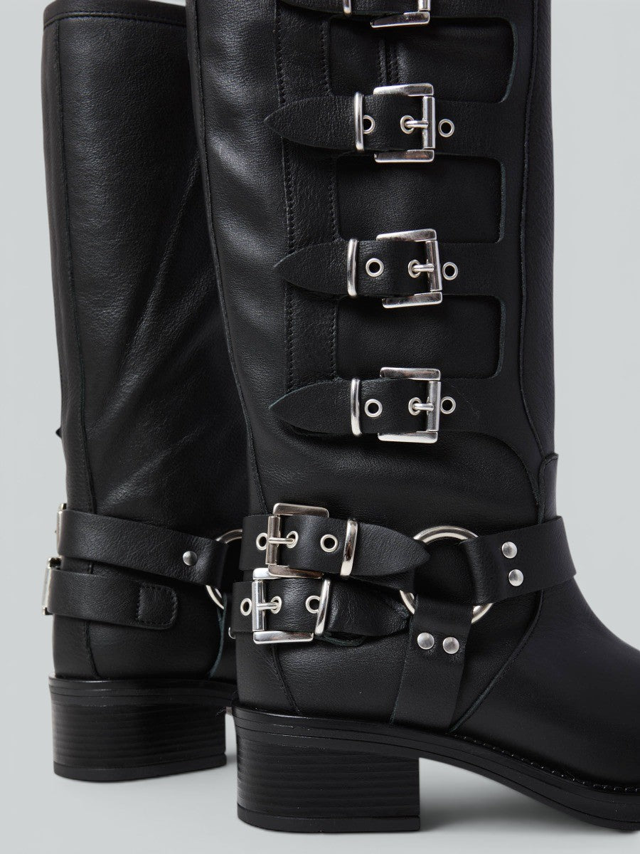 Ovyè Biker pelle neri fibbie tacco 5 cm