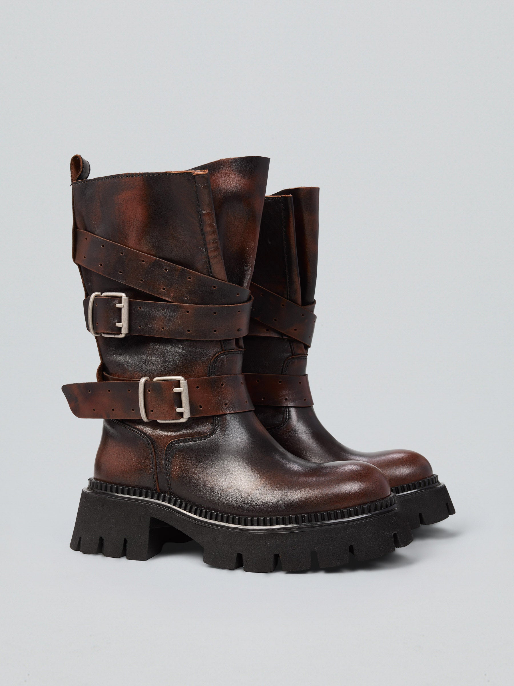 Ovyè Biker in pelle con fibbie anfibi cuoio tacco 5 cm