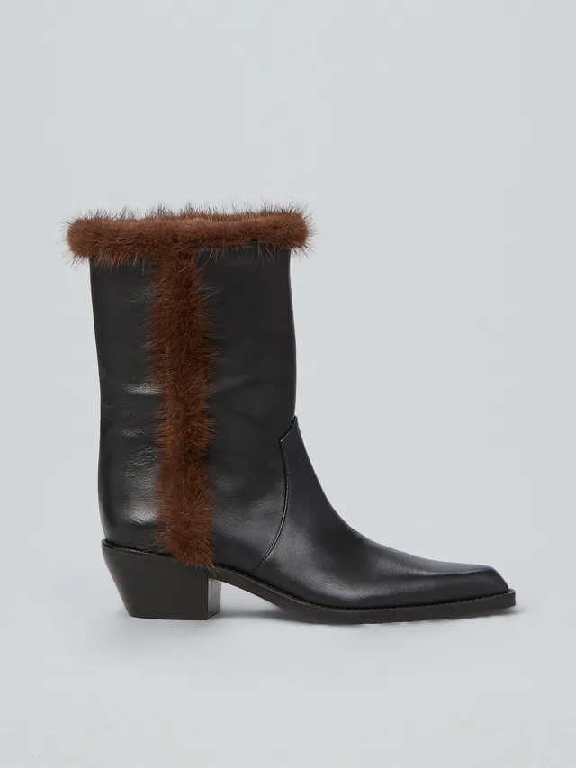 Ovyè Texani pelle inserti stivali nero-visone tacco 5 cm