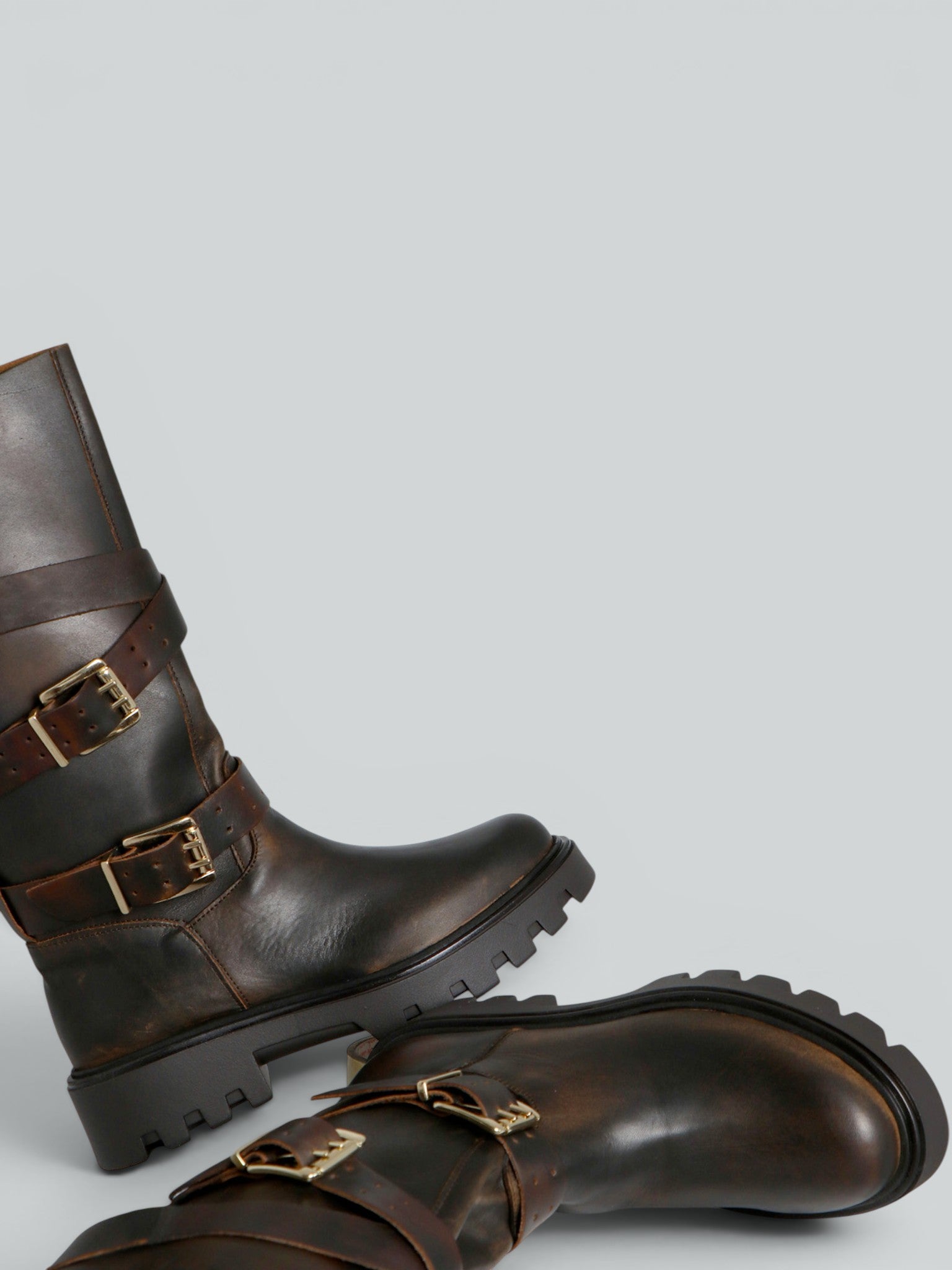 Ovyè Biker pelle anfibi moro fibbie tacco 5 cm