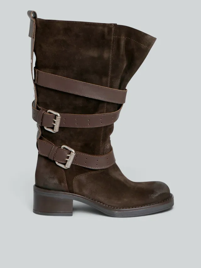 Ovyè Stivali camoscio stivali moro fibbie tacco 5 cm